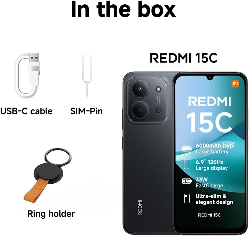 XIAOMI Redmi 15C, Smartphone 4+256GB, Pantalla de 17.5 cm 120Hz de 7.99 mm, diseño MediaTek Helio G81-Ultra Octa-Core, cámara Dual AI de 50 MP, 6000 mAh, Negro Medianoche, Cargador no Incluido - 4