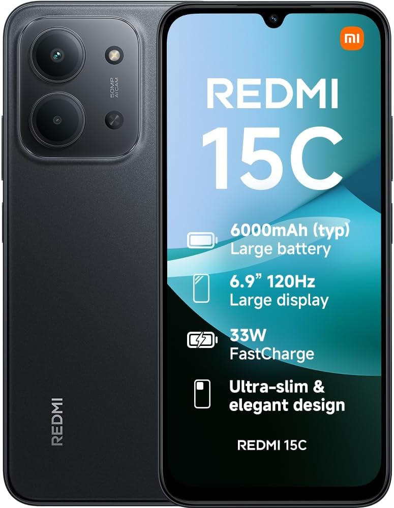XIAOMI Redmi 15C, Smartphone 4+256GB, Pantalla de 17.5 cm 120Hz de 7.99 mm, diseño MediaTek Helio G81-Ultra Octa-Core, cámara Dual AI de 50 MP, 6000 mAh, Negro Medianoche, Cargador no Incluido - 1