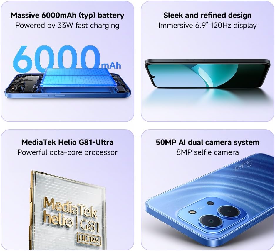 XIAOMI Redmi 15C, Smartphone 4+256GB, Pantalla de 6.99 Pulgadas, 120 Hz, diseño de 7.99 mm, MediaTek Helio G81-Ultra Octa-Core, cámara Dual AI de 50 MP, 6000 mAh, Azul luz de Luna, Cargador no - 3