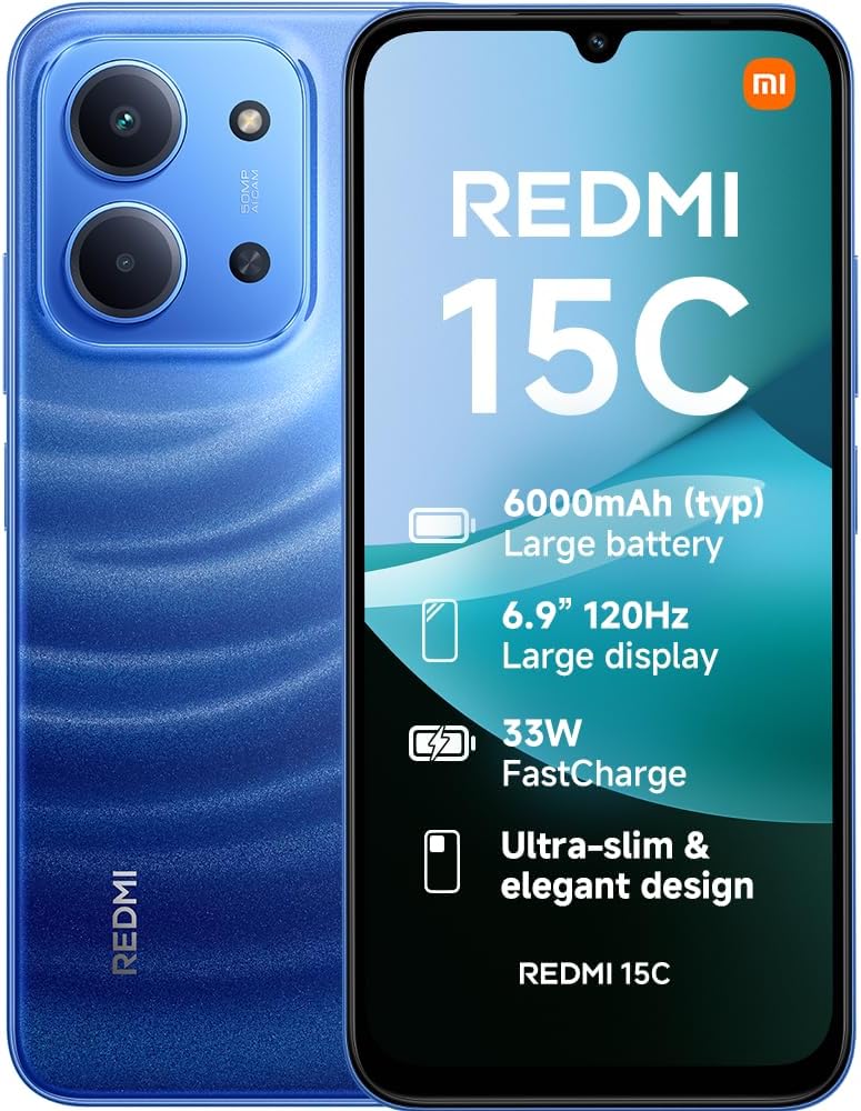 XIAOMI Redmi 15C, Smartphone 4+256GB, Pantalla de 6.99 Pulgadas, 120 Hz, diseño de 7.99 mm, MediaTek Helio G81-Ultra Octa-Core, cámara Dual AI de 50 MP, 6000 mAh, Azul luz de Luna, Cargador no - 1