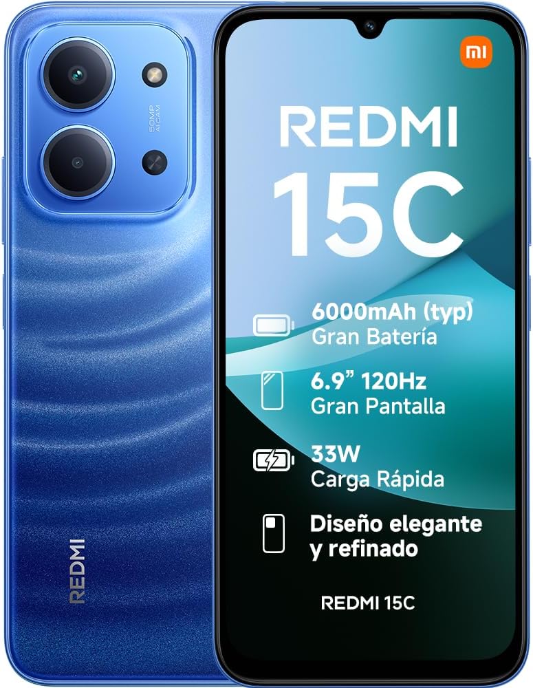 XIAOMI Redmi 15C - Smartphone de 4+128GB, Cámara Dual con IA de 50 MP, Pantalla inmersiva de 6,9" 120 Hz, Potente procesador octacore, Carga rápida de 33W, Cargador no Incluido, Azul (Versión ES) - 1