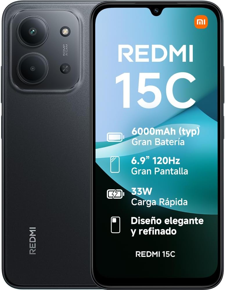 XIAOMI Redmi 15C - Smartphone de 4+128GB, Cámara Dual con IA de 50 MP, Pantalla inmersiva de 6,9" 120 Hz, Potente procesador octacore, Carga rápida de 33W, Cargador no Incluido, Negro (Versión ES) - 1