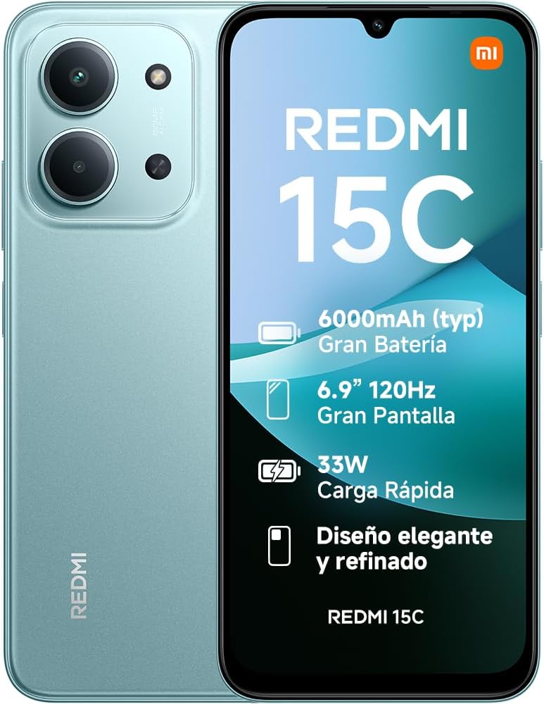 XIAOMI Redmi 15C - Smartphone de 4+128GB, Cámara Dual con IA de 50 MP, Pantalla inmersiva de 6,9" 120 Hz, Potente procesador octacore, Carga rápida de 33W, Cargador no Incluido, Verde (Versión ES) - 1