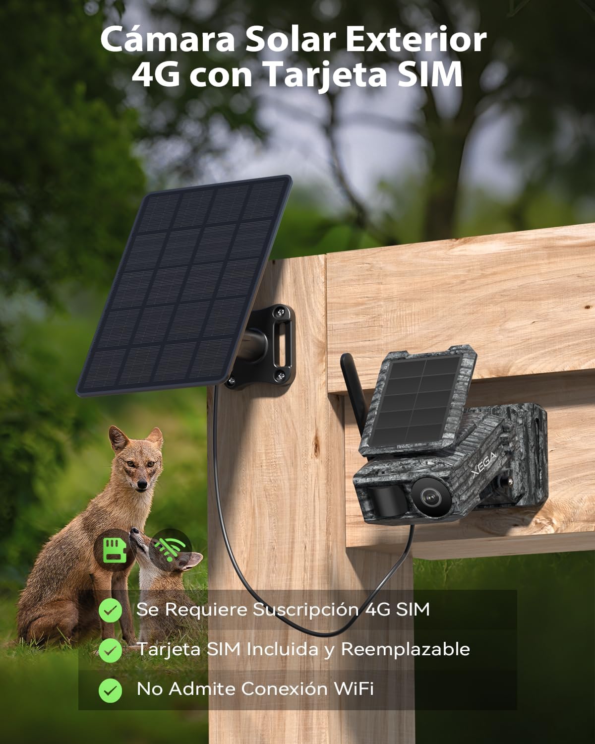 Xega Cámara Solar 4G con Tarjeta SIM 2 Paneles Solares, Fototrampeo Caza Exterior Inalámbrica, Detección de Movimiento, Visión Nocturna Sin Luz, Rotación 220°, Alertas En App (WiFi No Compatible) - 2