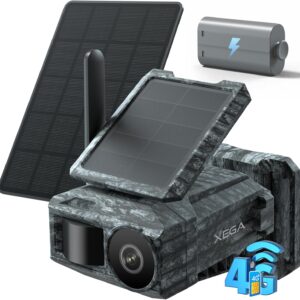 Xega Cámara Solar 4G con Tarjeta SIM 2 Paneles Solares, Fototrampeo Caza Exterior Inalámbrica, Detección de Movimiento, Visión Nocturna Sin Luz, Rotación 220°, Alertas En App (WiFi No Compatible)