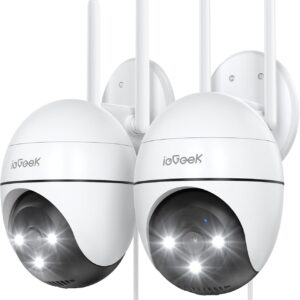 ieGeek 2K Camara Vigilancia WiFi Exterior con Eléctrico, PTZ 355°, Detección de Humano, Seguimiento Automático, Visión Nocturna Color, Alarma de Luz y Sonido, Grabación Continua(2 PCS)