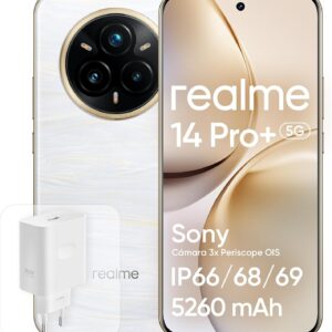 realme 14 Pro+ 5G Android Smartphone, 8+ 256 GB, Sony IMX896 OIS-Kamera, Trendiges Design mit wechselnden Farben, IP69, 6,83" 120-Hz-Display, 5260-mAh-Akku, Weiß (Mit Adapter)