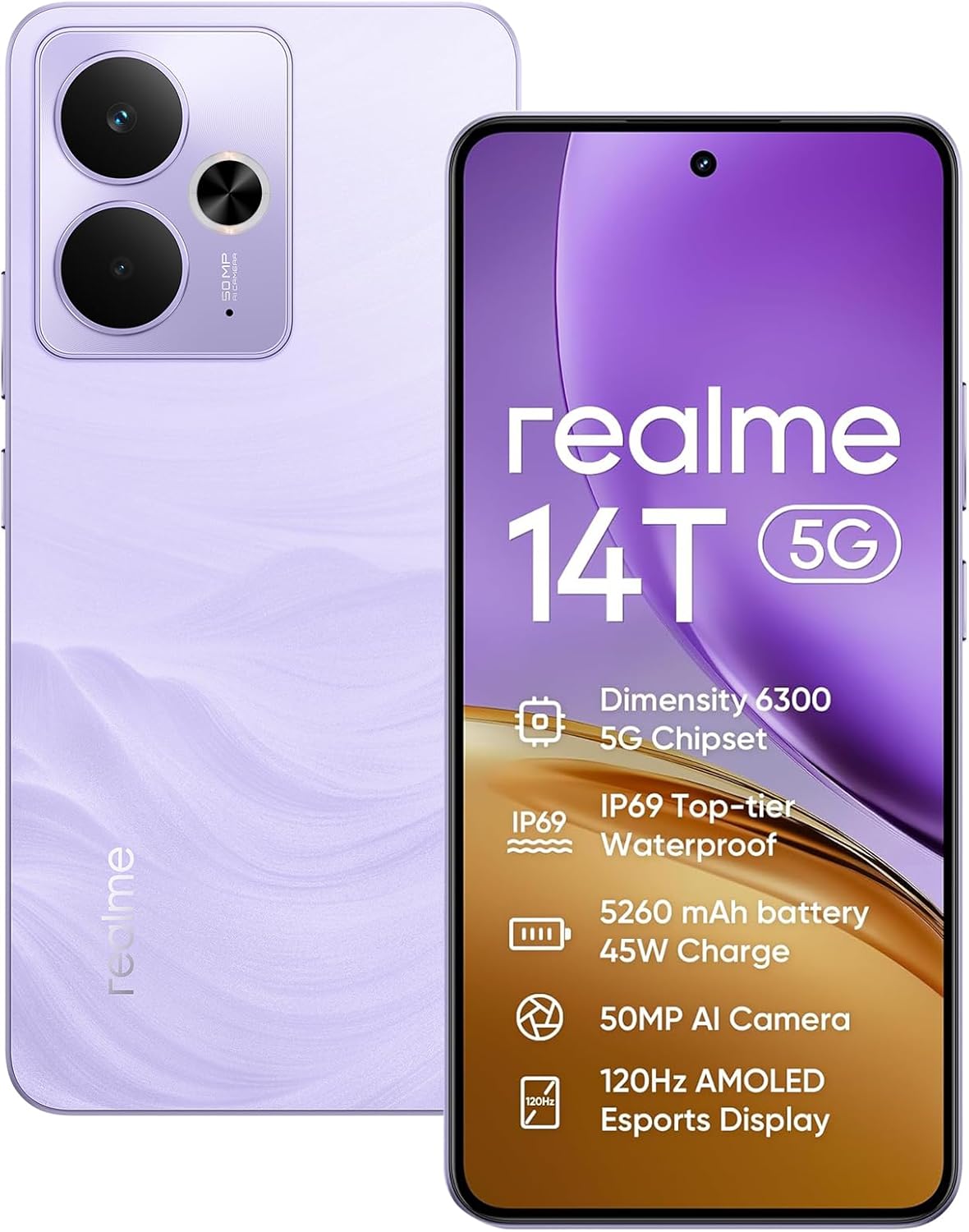 realme 14T 5G Móvil Smartphone 8+256GB,Dimensity 6300 5G Chipset,50MP Ai Camera,6.67'' 120Hz Super AMOLED Display,5260mAh Massive Battery,Dual Sim,NFC,Morado - 1