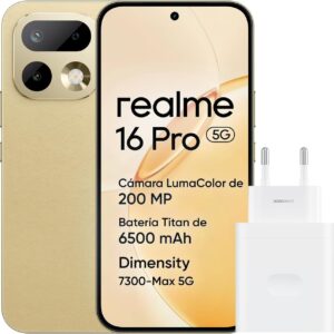 realme 16 Pro 5G Smartphone, 8GB+256GB, Pantalla AMOLED 144Hz 6,78", Batería 6500mAh, Cámara 200MP OIS, IP69K, Carga Rápida 45W, Dual SIM, Next AI, Oro