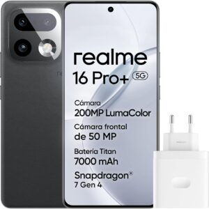 realme 16 Pro+ 5G Smartphone, 8GB+256GB, Pantalla Curva AMOLED 144Hz 6,8", Batería 7000mAh, Cámara 200MP OIS, IP69K, Carga Rápida 80W, Dual SIM, Next AI, Gris (con Adaptador)