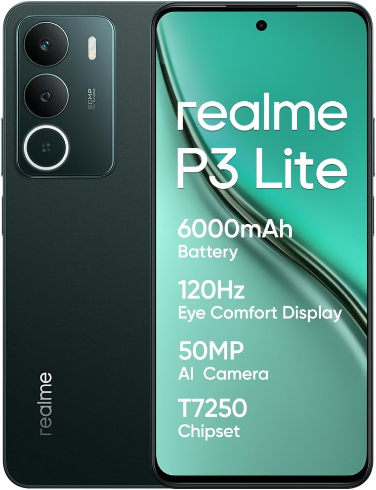 realme P3 Lite Smartphone 8+256 GB, cámara AI de 50 MP, procesador Octa-Core, Pantalla Eye Comfort a 120 Hz, protección ArmorShell, batería de 6000 mAh, Carga rápida de 15 W, Pine Green - 1