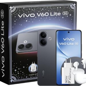 vivo V60 Lite Móvil 5G, 8+256GB ROM, Dimensity 7360-Turbo, Cámara 50MP, Vídeo 4K, Pantalla 6,7’’ 120 Hz AMOLED, Batería 6500 mAh, 90W Cargador+Auriculares Buds air3, telefono móvil con IA, Black