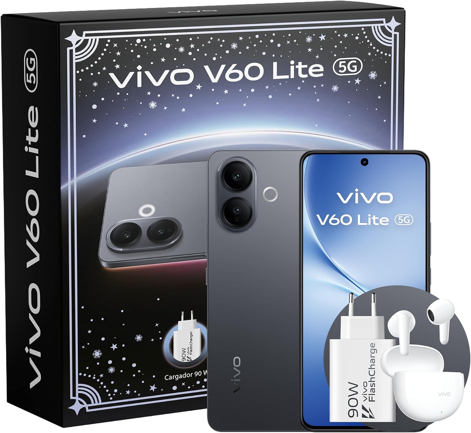 vivo V60 Lite Móvil 5G, 8+256GB ROM, Dimensity 7360-Turbo, Cámara 50MP, Vídeo 4K, Pantalla 6,7’’ 120 Hz AMOLED, Batería 6500 mAh, 90W Cargador+Auriculares Buds air3, telefono móvil con IA, Black - 1