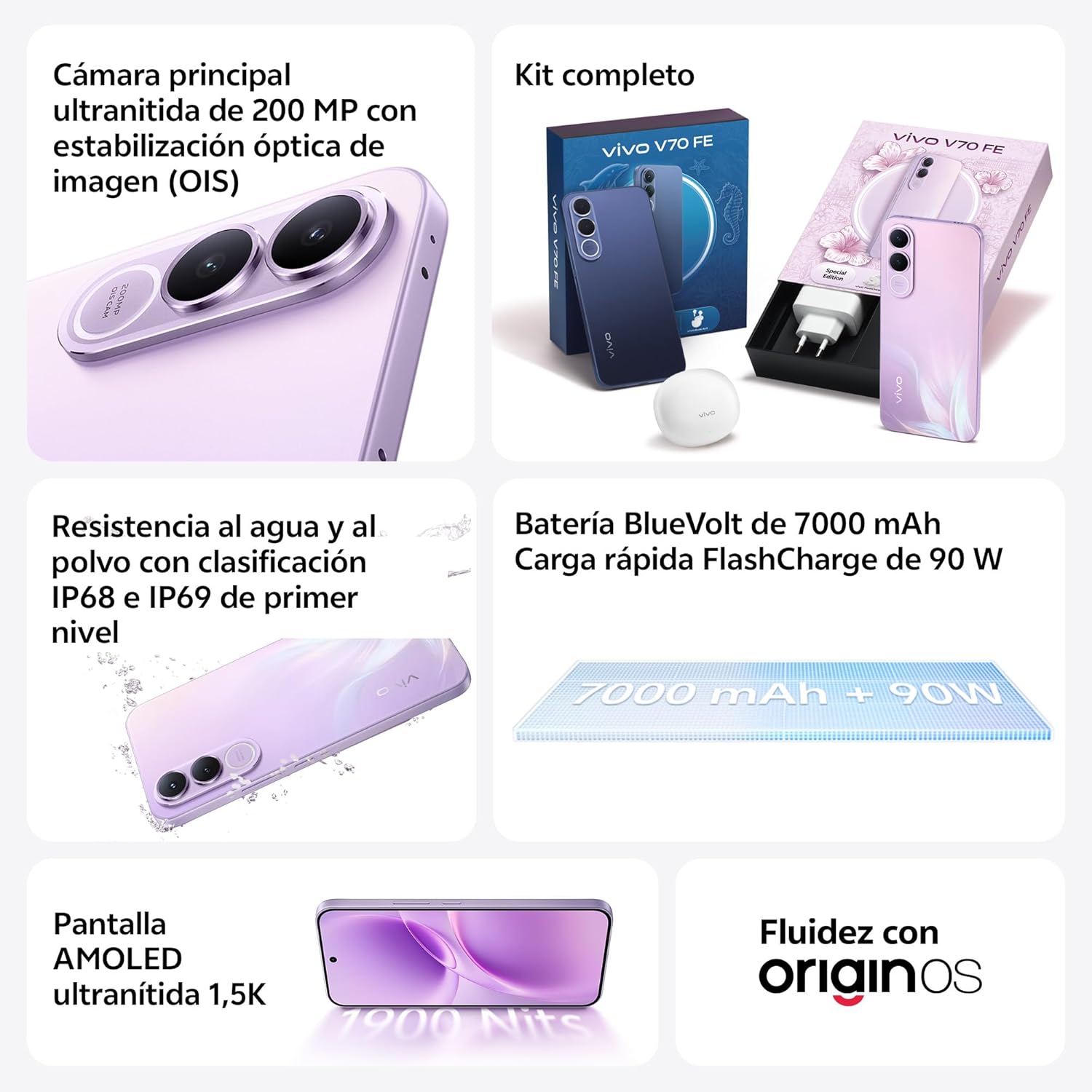 vivo V70 FE Móvil 5G, cámara Principal ultranítida de 200 MP con estabilización de Imagen (OIS), 8+256 GB, 7000 mAh, Pantalla AMOLED de 1,5K, IP68 e IP69, Smartphone con AI, Paquete Regalo,Azul - 2