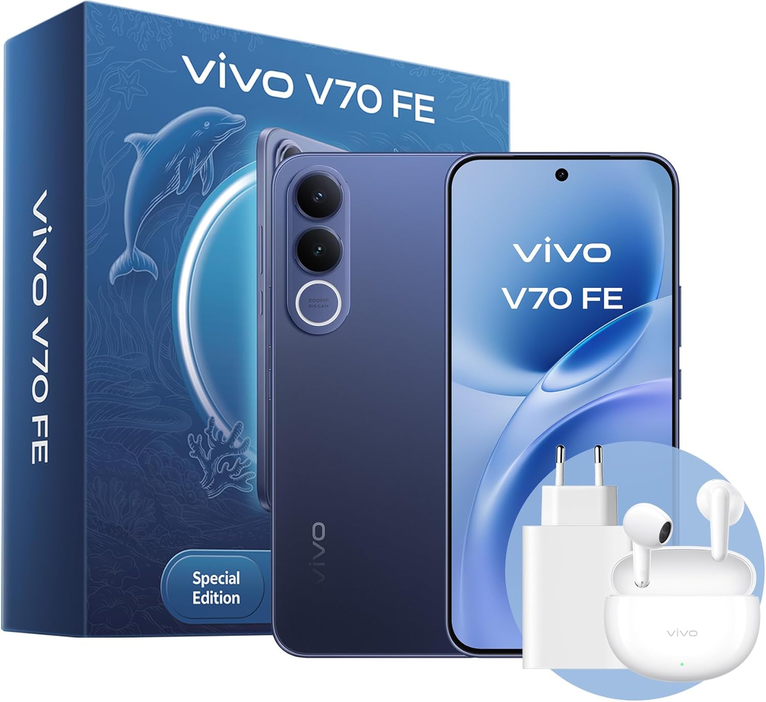 vivo V70 FE Móvil 5G, cámara Principal ultranítida de 200 MP con estabilización de Imagen (OIS), 8+256 GB, 7000 mAh, Pantalla AMOLED de 1,5K, IP68 e IP69, Smartphone con AI, Paquete Regalo,Azul - 1
