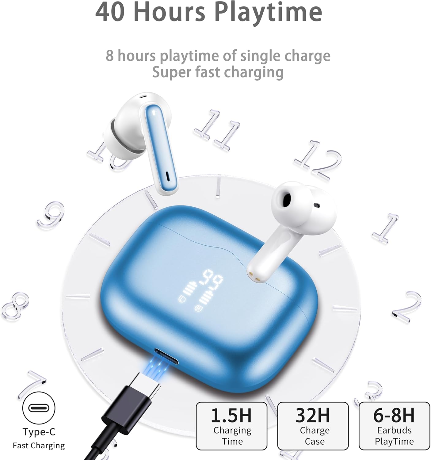 xinwld Auriculares Inalambricos, Auriculares Bluetooth 5.3 In Ear con 4 HD Mic, HiFi Estéreo Cascos Inalambricos, 40H de Reproducción In-Ear Deportivos IP7 Impermeable, USB-C, Azul Claro - 6