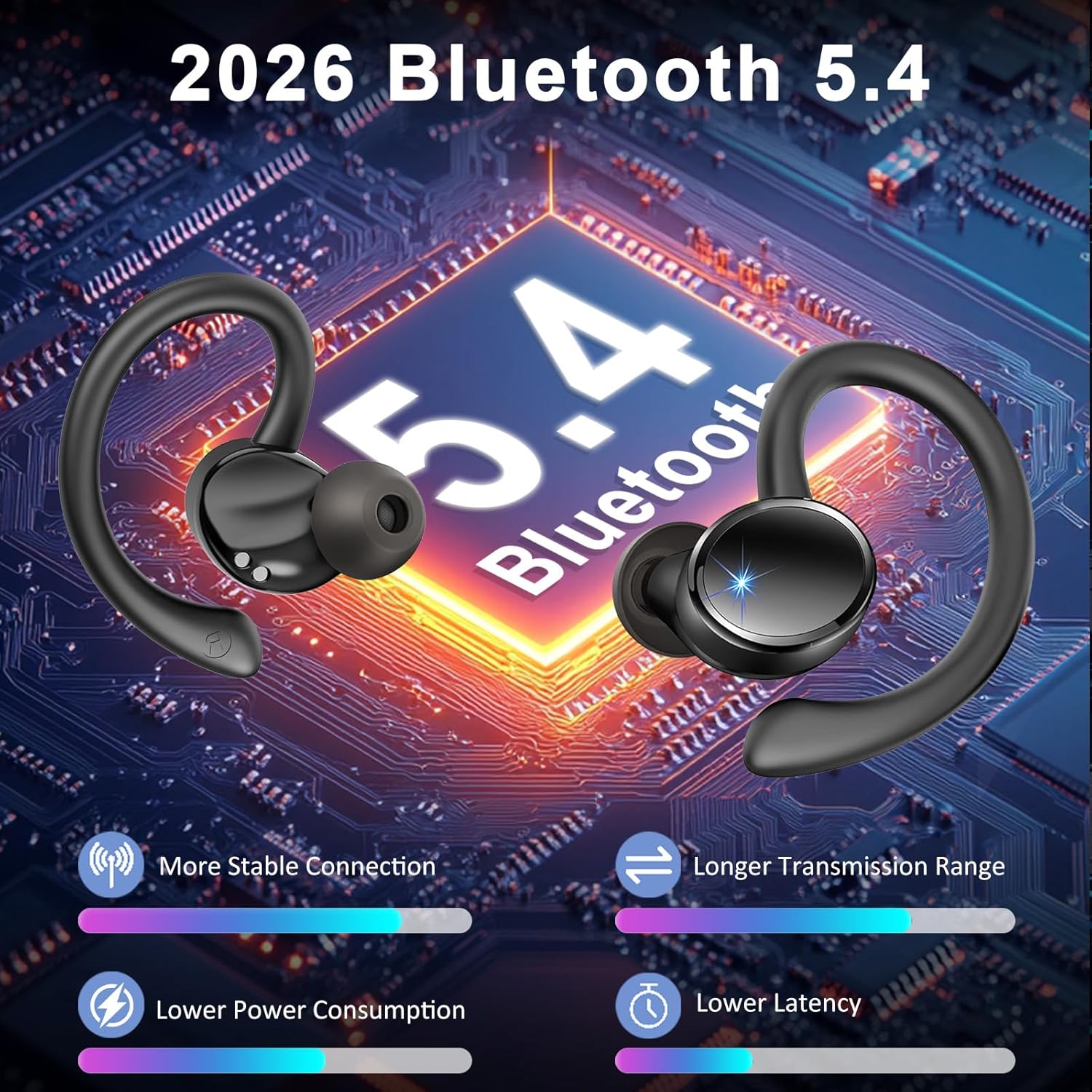 2026 Nueva Auriculares Inalambricos Deportivos, Auriculares Bluetooth 5.4 HiFi Estéreo con 4 HD Mic, 50H Cascos Inalambricos Bluetooth con Cancelacion Ruido ENC, IP7 Impermeable Cascos/Pantalla LED - 2