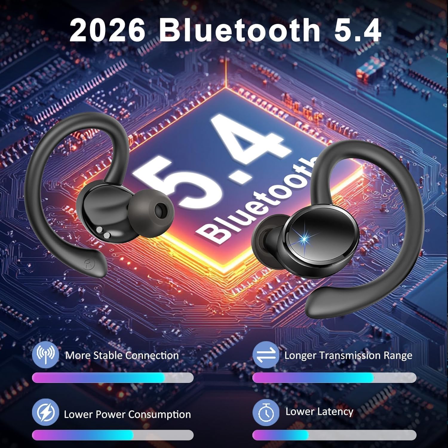 2026 Nueva Auriculares Inalambricos Deportivos, Auriculares Bluetooth 5.4 HiFi Estéreo con 4 HD Mic, 50H Cascos Inalambricos Bluetooth con Cancelacion Ruido ENC, Pantalla LED/IP7 Impermeable Cascos - 2