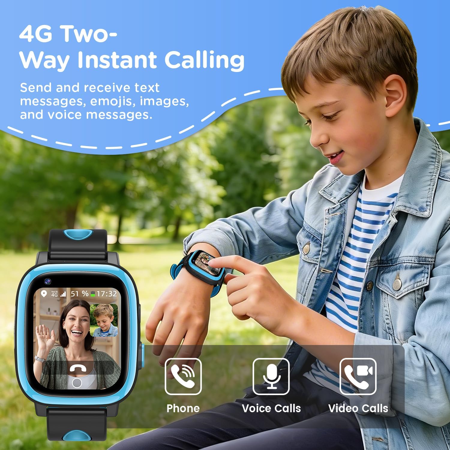 2026 Nuevo 4G Reloj Inteligente Niño con Videollamada & GPS, SOS, Chat de Voz, IP68 Impermeable, Modo Escuela, Podómetro, Despertador, Flashcard, Regalo para Niños y Niñas de 4 a 15 Años Azul - 2