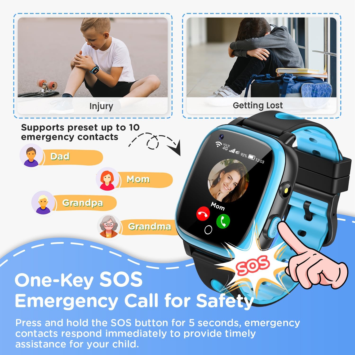 2026 Nuevo 4G Reloj Inteligente Niño con Videollamada & GPS, SOS, Chat de Voz, IP68 Impermeable, Modo Escuela, Podómetro, Despertador, Flashcard, Regalo para Niños y Niñas de 4 a 15 Años Azul - 3
