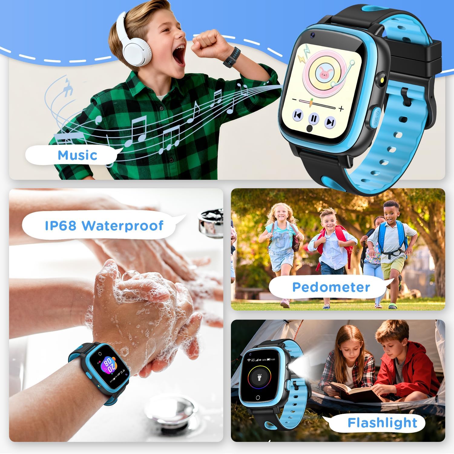 2026 Nuevo 4G Reloj Inteligente Niño con Videollamada & GPS, SOS, Chat de Voz, IP68 Impermeable, Modo Escuela, Podómetro, Despertador, Flashcard, Regalo para Niños y Niñas de 4 a 15 Años Azul - 5