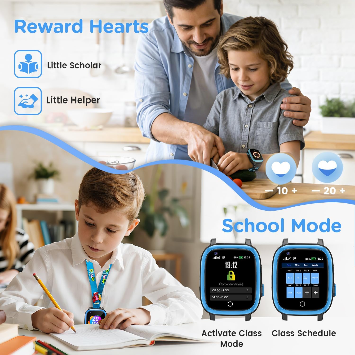 2026 Nuevo 4G Reloj Inteligente Niño con Videollamada & GPS, SOS, Chat de Voz, IP68 Impermeable, Modo Escuela, Podómetro, Despertador, Flashcard, Regalo para Niños y Niñas de 4 a 15 Años Azul - 6
