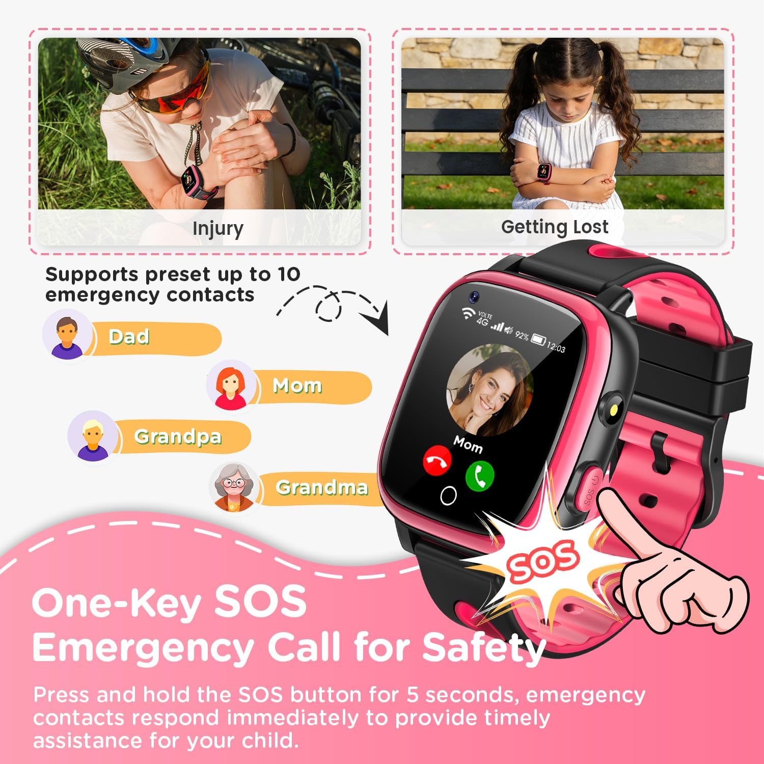 2026 Nuevo 4G Reloj Inteligente Niño con Videollamada & GPS, SOS, Chat de Voz, IP68 Impermeable, Modo Escuela, Podómetro, Despertador, Flashcard, Regalo para Niños y Niñas de 4 a 15 Años Rojo - 3