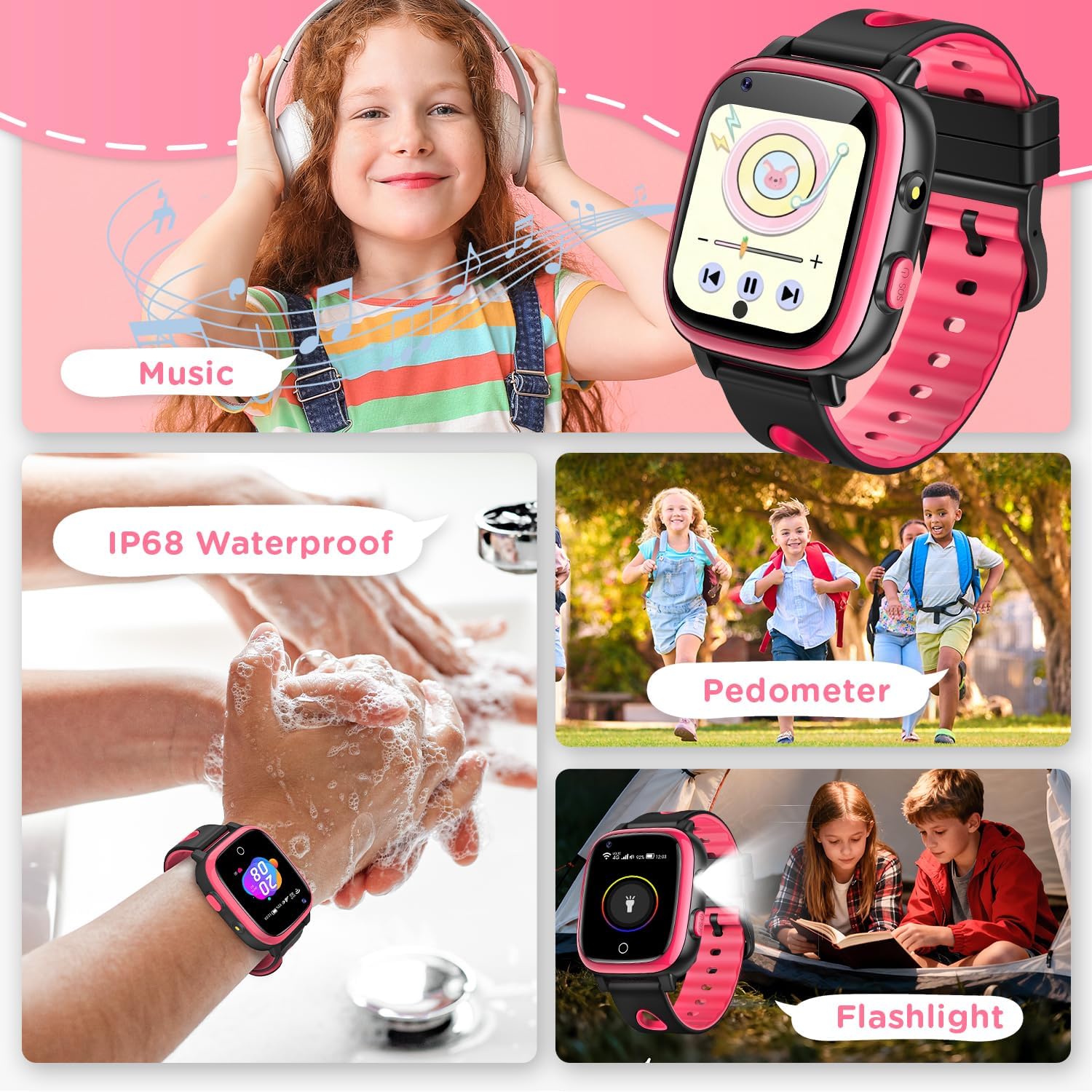 2026 Nuevo 4G Reloj Inteligente Niño con Videollamada & GPS, SOS, Chat de Voz, IP68 Impermeable, Modo Escuela, Podómetro, Despertador, Flashcard, Regalo para Niños y Niñas de 4 a 15 Años Rojo - 5