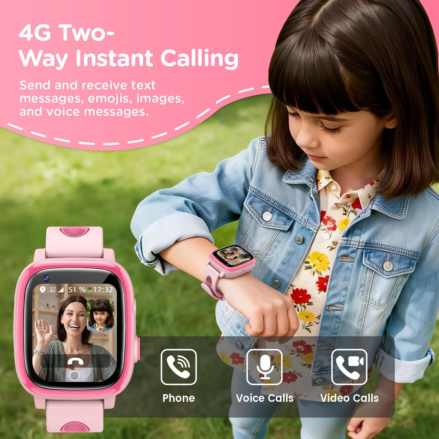 2026 Nuevo 4G Reloj Inteligente Niño con Videollamada & GPS, SOS, Chat de Voz, IP68 Impermeable, Modo Escuela, Podómetro, Despertador, Flashcard, Regalo para Niños y Niñas de 4 a 15 Años Rosa - 2