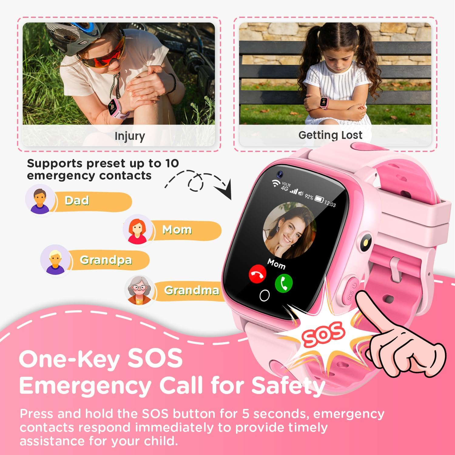 2026 Nuevo 4G Reloj Inteligente Niño con Videollamada & GPS, SOS, Chat de Voz, IP68 Impermeable, Modo Escuela, Podómetro, Despertador, Flashcard, Regalo para Niños y Niñas de 4 a 15 Años Rosa - 3