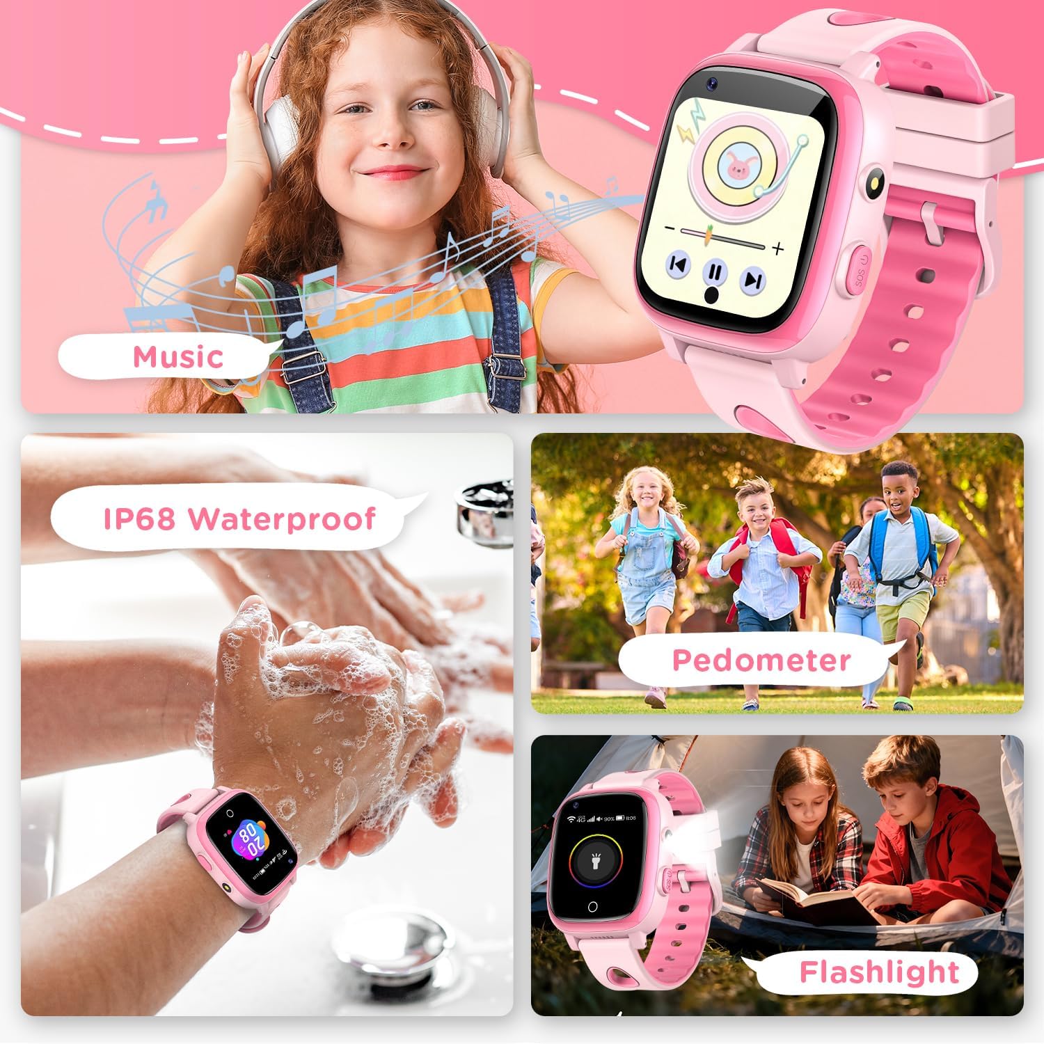 2026 Nuevo 4G Reloj Inteligente Niño con Videollamada & GPS, SOS, Chat de Voz, IP68 Impermeable, Modo Escuela, Podómetro, Despertador, Flashcard, Regalo para Niños y Niñas de 4 a 15 Años Rosa - 5