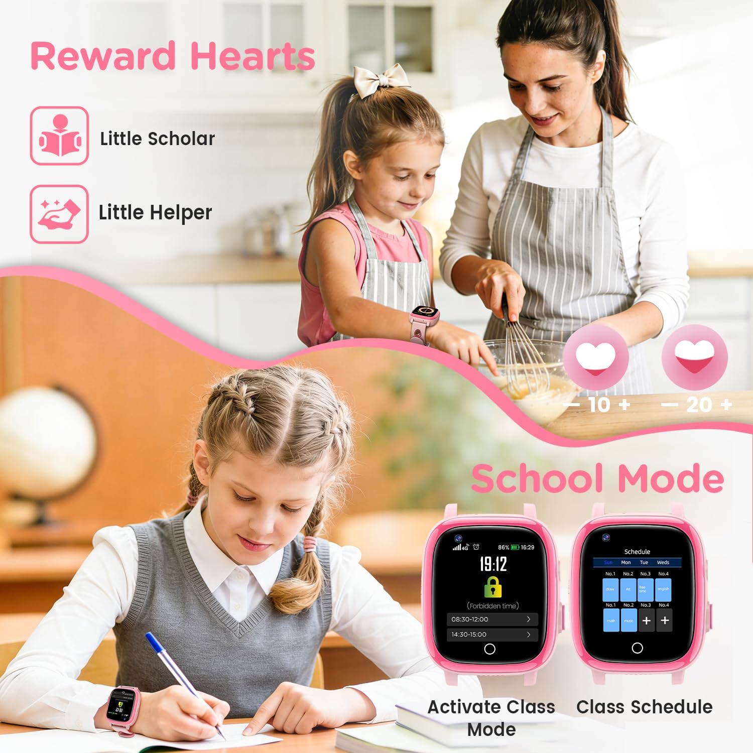 2026 Nuevo 4G Reloj Inteligente Niño con Videollamada & GPS, SOS, Chat de Voz, IP68 Impermeable, Modo Escuela, Podómetro, Despertador, Flashcard, Regalo para Niños y Niñas de 4 a 15 Años Rosa - 6