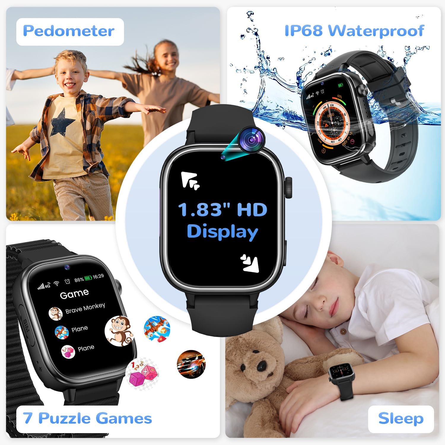 4G Reloj Inteligente Niño, Smartwatch Niños con GPS y Llamadas, Videollamadas, Chat de Voz, SOS, Modo Escuela, Podómetro, Despertador, Juegos, Reloj Inteligente Regalo Niñas y Niños, Negro - 6