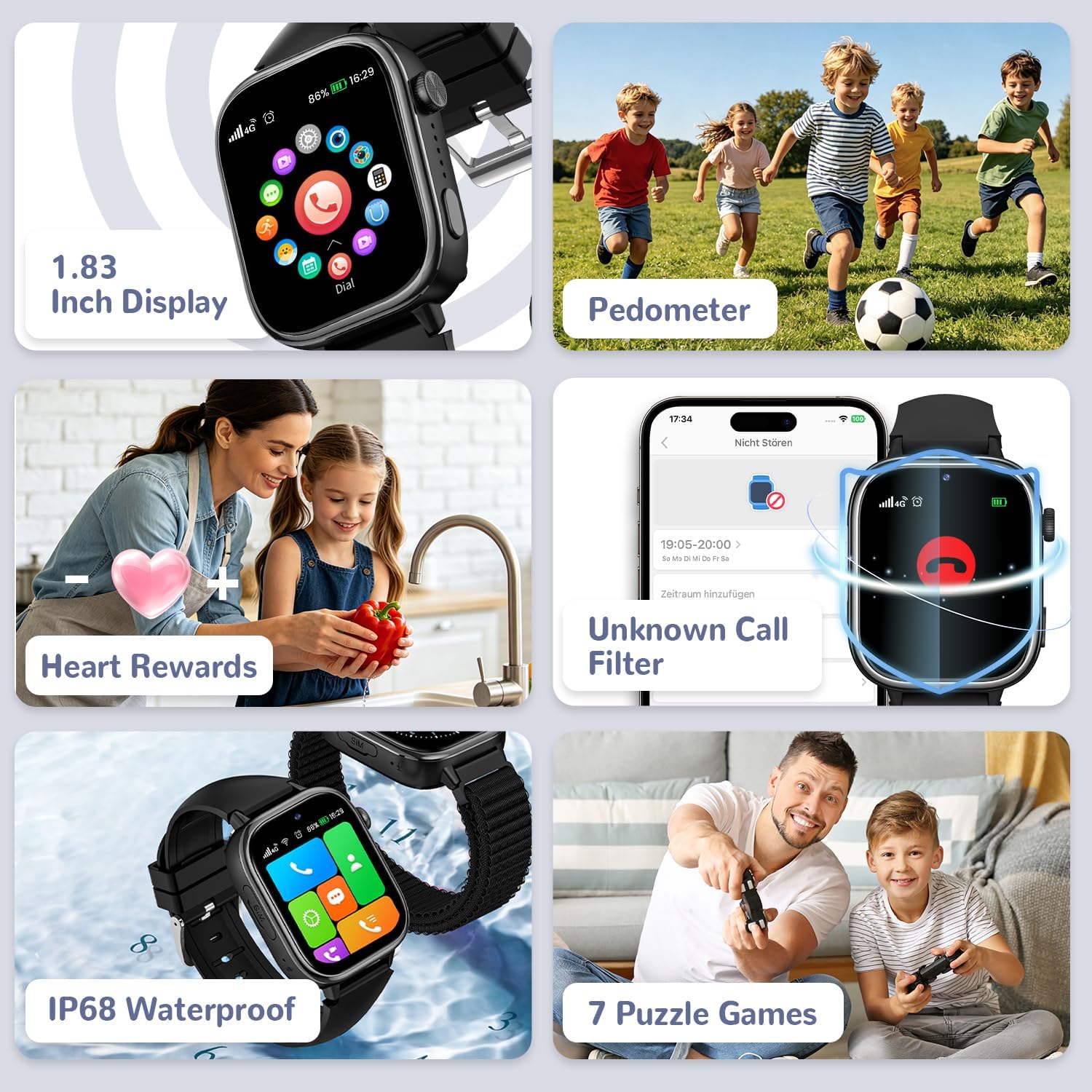 4G Reloj Inteligente Niños con GPS y Videollamada, Smartwatch Niños con Llamadas, Chat de Voz, SOS, Modo Escuela, IP68 Impermeable, Podómetro, Despertador, Cámara, Regalo Niñas y Niños de 4-15, Negro - 4