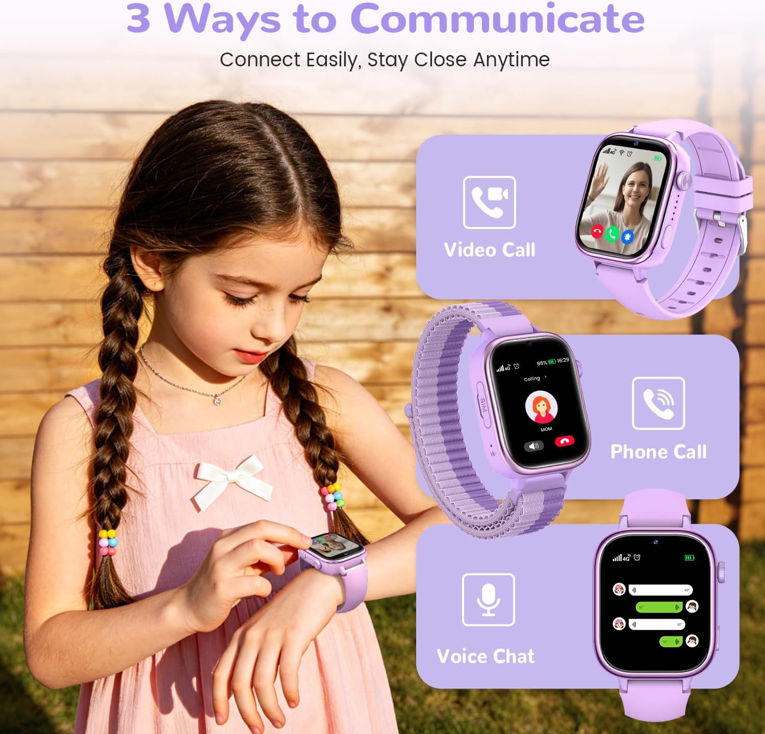4G Reloj Inteligente Niños con GPS y Videollamada, Smartwatch Niños con Llamadas, Chat de Voz, SOS, Modo Escuela, IP68 Impermeable, Podómetro, Despertador, Cámara, Regalo Niñas y Niños de 4-15 Púrpura - 2