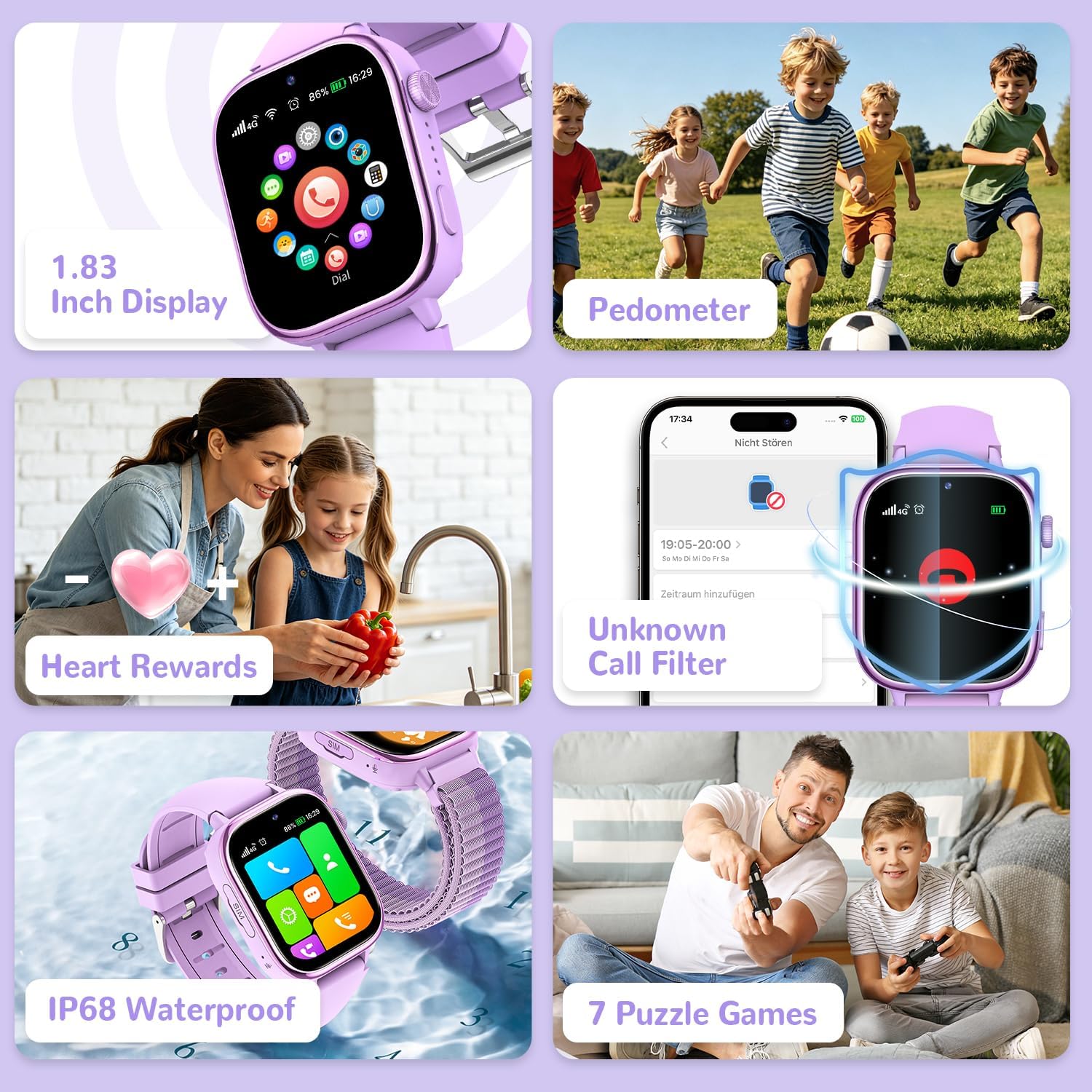 4G Reloj Inteligente Niños con GPS y Videollamada, Smartwatch Niños con Llamadas, Chat de Voz, SOS, Modo Escuela, IP68 Impermeable, Podómetro, Despertador, Cámara, Regalo Niñas y Niños de 4-15 Púrpura - 4