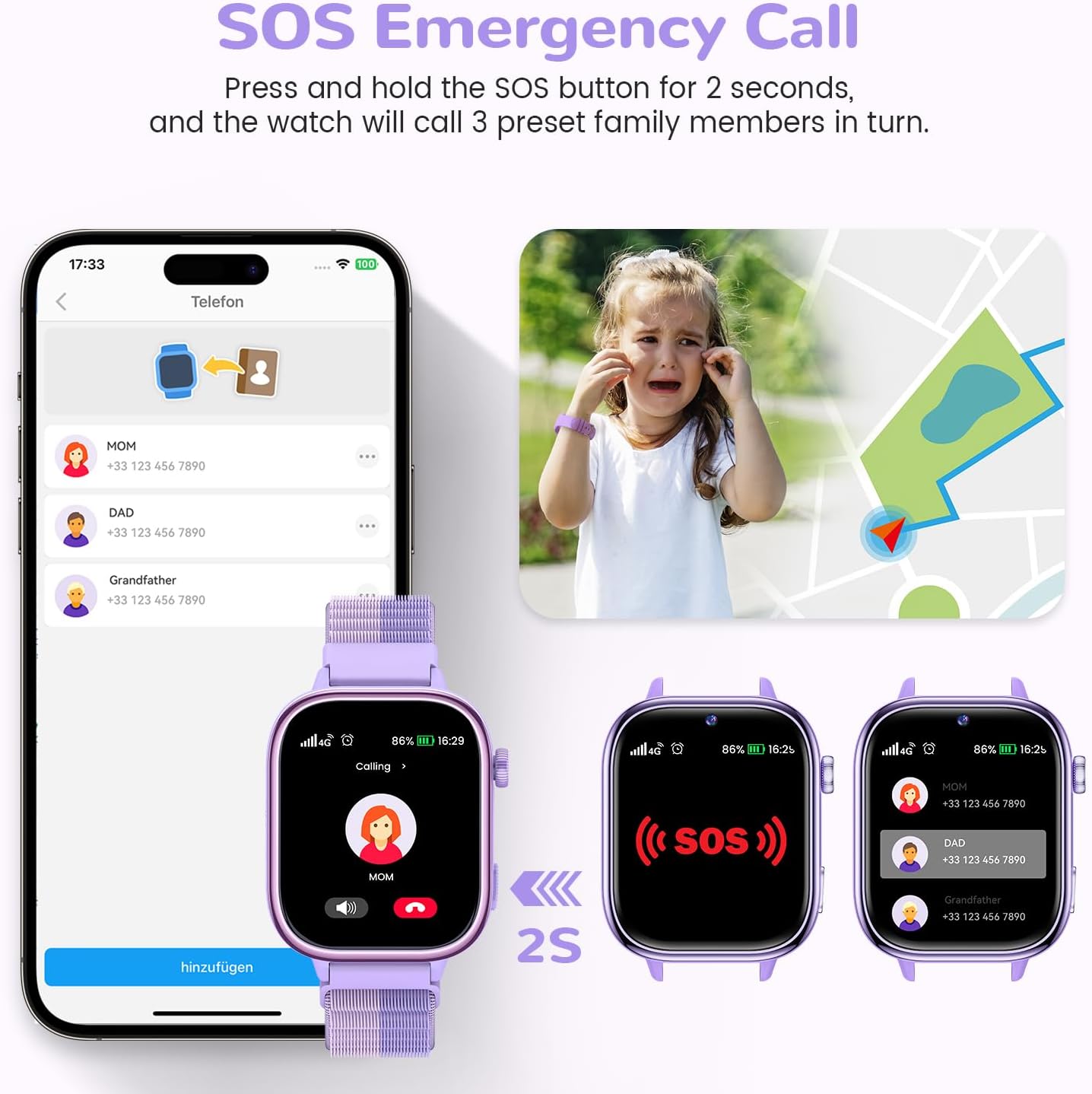 4G Reloj Inteligente Niños con GPS y Videollamada, Smartwatch Niños con Llamadas, Chat de Voz, SOS, Modo Escuela, IP68 Impermeable, Podómetro, Despertador, Cámara, Regalo Niñas y Niños de 4-15 Púrpura - 5