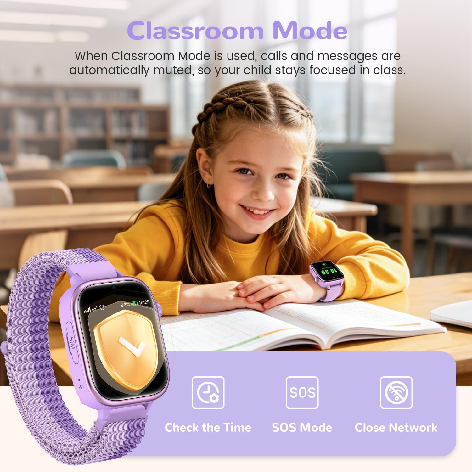 4G Reloj Inteligente Niños con GPS y Videollamada, Smartwatch Niños con Llamadas, Chat de Voz, SOS, Modo Escuela, IP68 Impermeable, Podómetro, Despertador, Cámara, Regalo Niñas y Niños de 4-15 Púrpura - 6