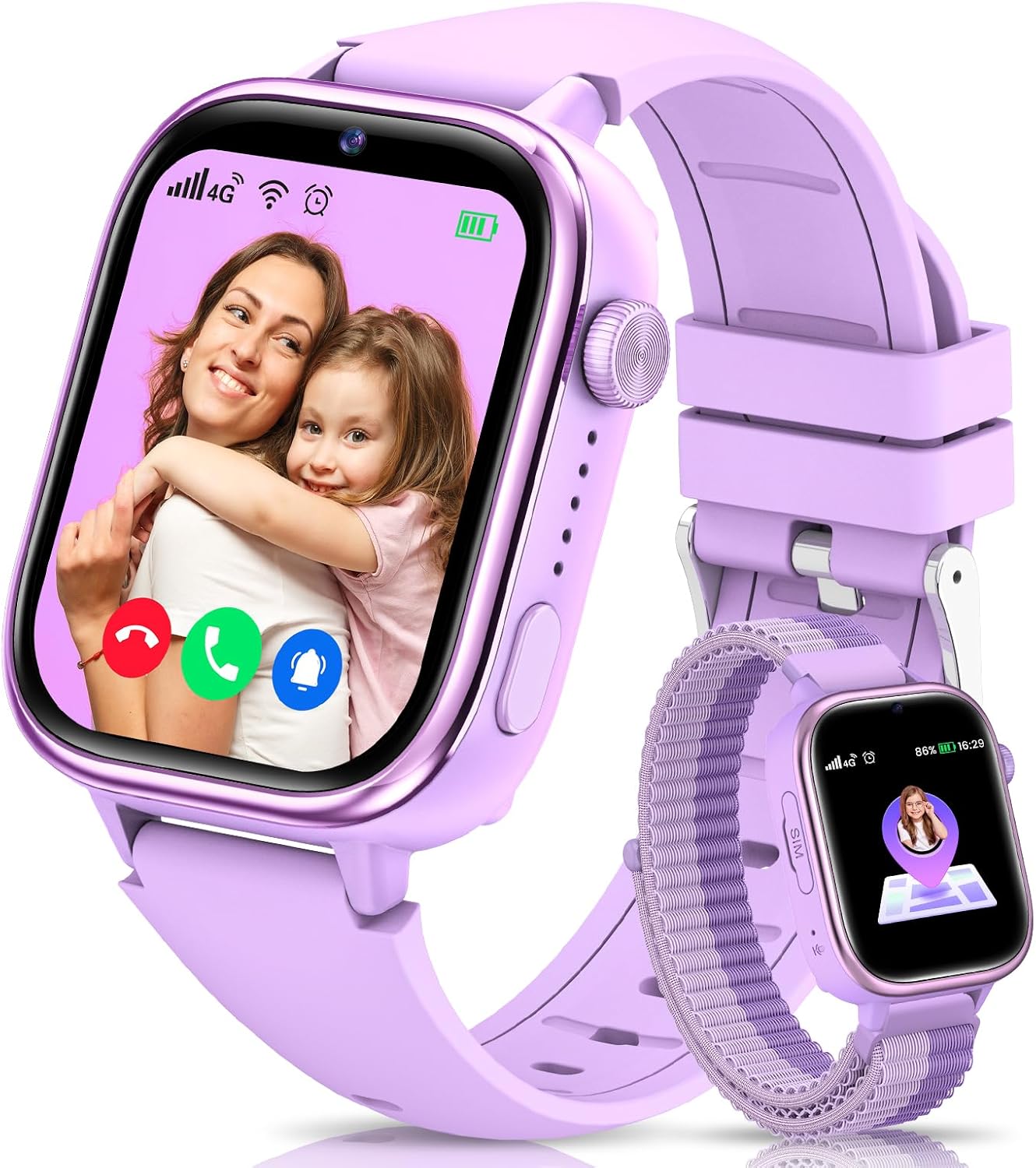 4G Reloj Inteligente Niños con GPS y Videollamada, Smartwatch Niños con Llamadas, Chat de Voz, SOS, Modo Escuela, IP68 Impermeable, Podómetro, Despertador, Cámara, Regalo Niñas y Niños de 4-15 Púrpura - 1