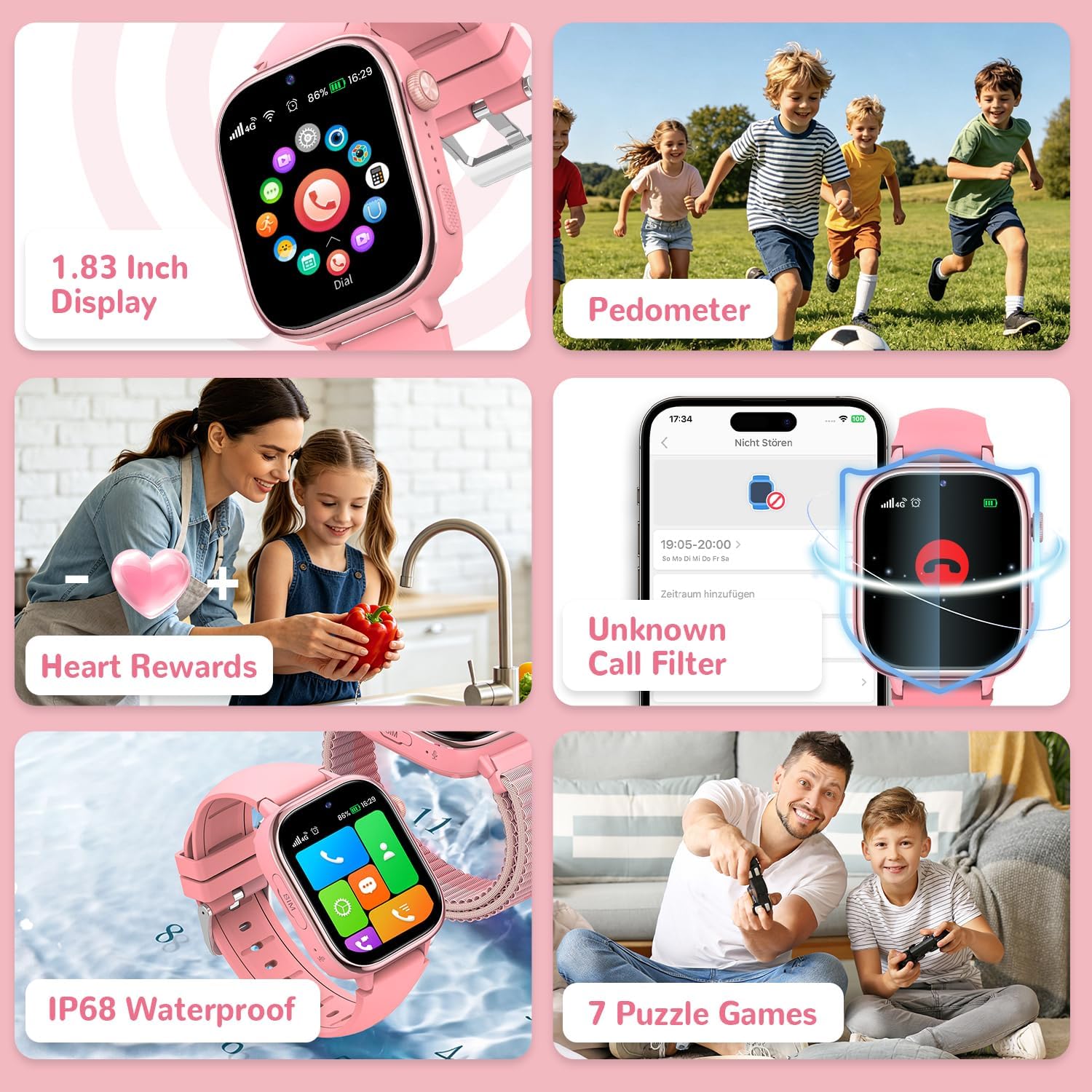 4G Reloj Inteligente Niños con GPS y Videollamada, Smartwatch Niños con Llamadas, Chat de Voz, SOS, Modo Escuela, IP68 Impermeable, Podómetro, Despertador, Cámara, Regalo Niñas y Niños de 4-15, Rosa - 4