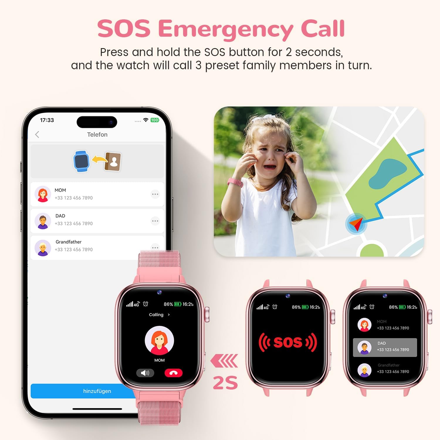 4G Reloj Inteligente Niños con GPS y Videollamada, Smartwatch Niños con Llamadas, Chat de Voz, SOS, Modo Escuela, IP68 Impermeable, Podómetro, Despertador, Cámara, Regalo Niñas y Niños de 4-15, Rosa - 5