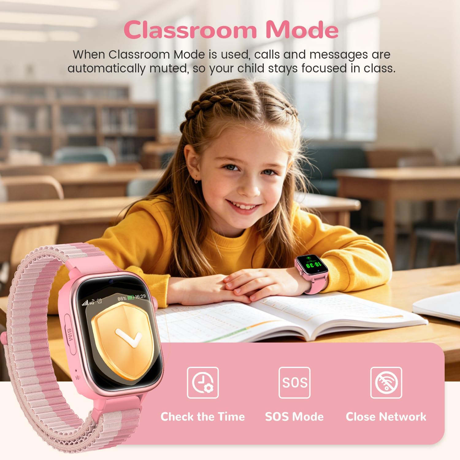 4G Reloj Inteligente Niños con GPS y Videollamada, Smartwatch Niños con Llamadas, Chat de Voz, SOS, Modo Escuela, IP68 Impermeable, Podómetro, Despertador, Cámara, Regalo Niñas y Niños de 4-15, Rosa - 6