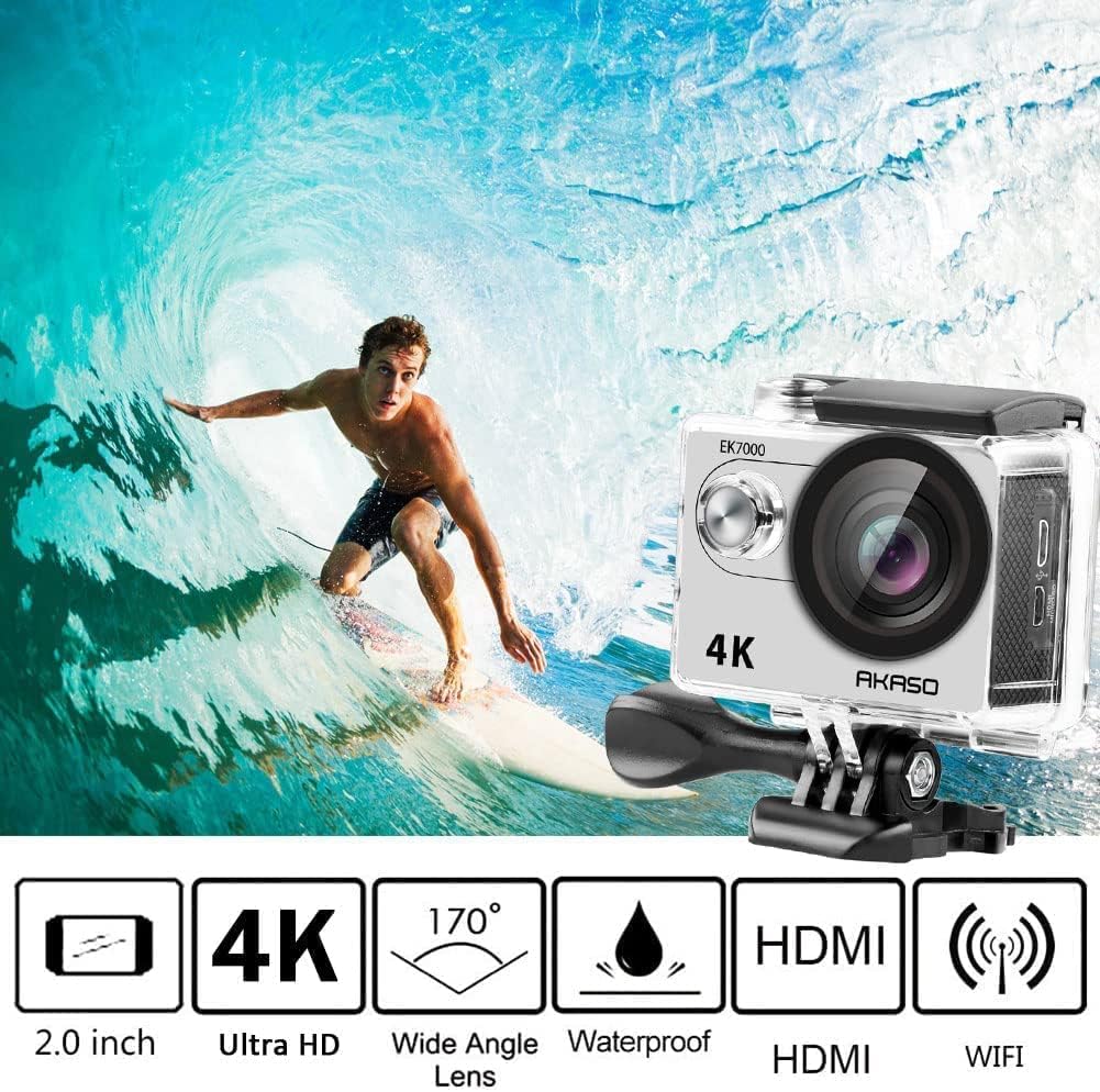 AKASO Action CAM EK7000 4K30FPS - Cámara de acción (Gran Angular de 170°, HD, 20 MP, WiFi, Impermeable, Pantalla LCD de 2 Pulgadas, con 2 baterías), Color Plateado - 2