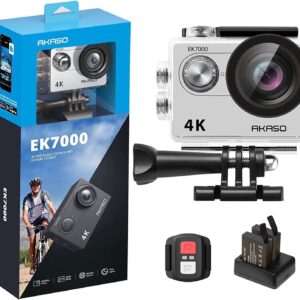 AKASO Action CAM EK7000 4K30FPS - Cámara de acción (Gran Angular de 170°, HD, 20 MP, WiFi, Impermeable, Pantalla LCD de 2 Pulgadas, con 2 baterías), Color Plateado