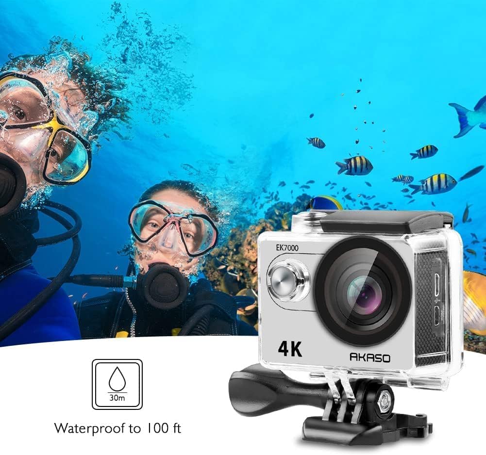 AKASO Action CAM EK7000 4K30FPS - Cámara de acción (Gran Angular de 170°, HD, 20 MP, WiFi, Impermeable, Pantalla LCD de 2 Pulgadas, con 2 baterías), Color Plateado - 4