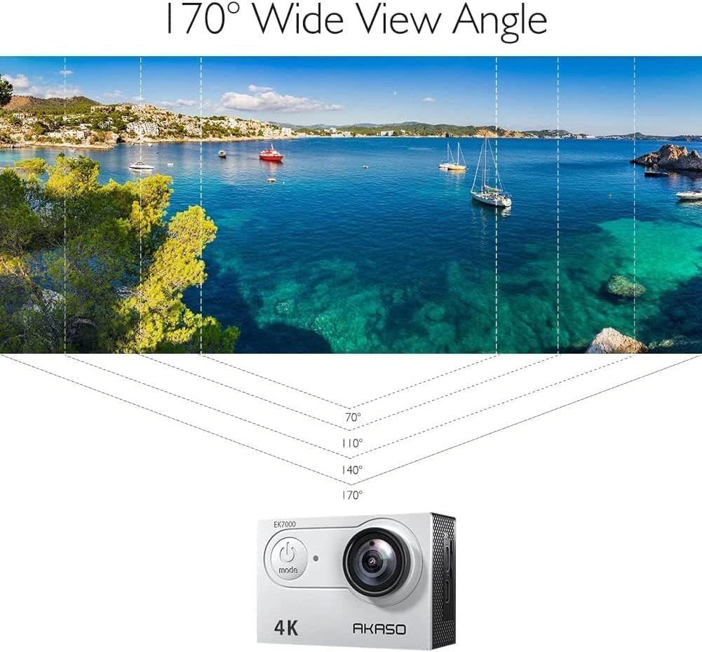 AKASO Action CAM EK7000 4K30FPS - Cámara de acción (Gran Angular de 170°, HD, 20 MP, WiFi, Impermeable, Pantalla LCD de 2 Pulgadas, con 2 baterías), Color Plateado - 5