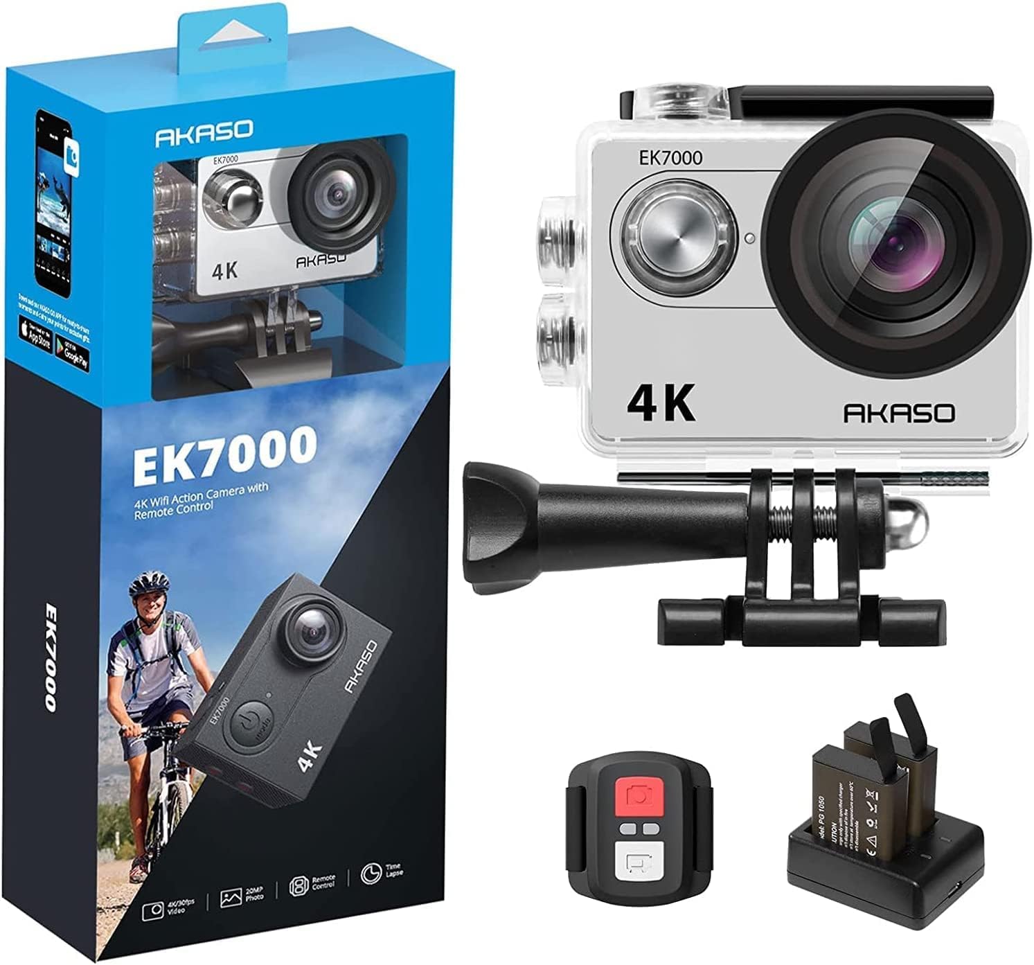 AKASO Action CAM EK7000 4K30FPS - Cámara de acción (Gran Angular de 170°, HD, 20 MP, WiFi, Impermeable, Pantalla LCD de 2 Pulgadas, con 2 baterías), Color Plateado - 1