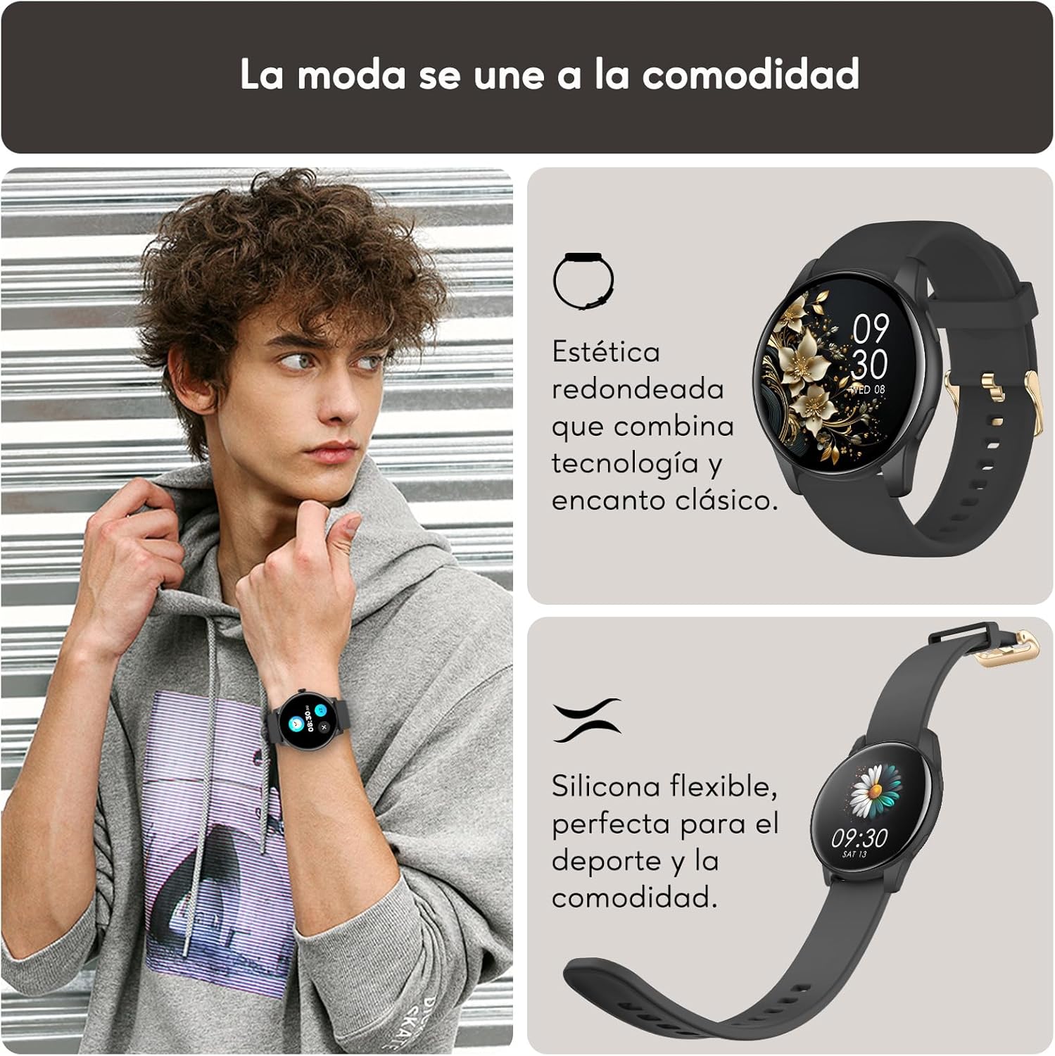 AcclaFit Reloj Inteligente Hombre Mujer con Llamadas Bluetooth, Smartwatch Esfera Redonda 1,38" con 147+ Modos Deportivos, Pulsómetro, Monitor de Sueño, IP68 Impermeable, Compatible con Android iOS - 2