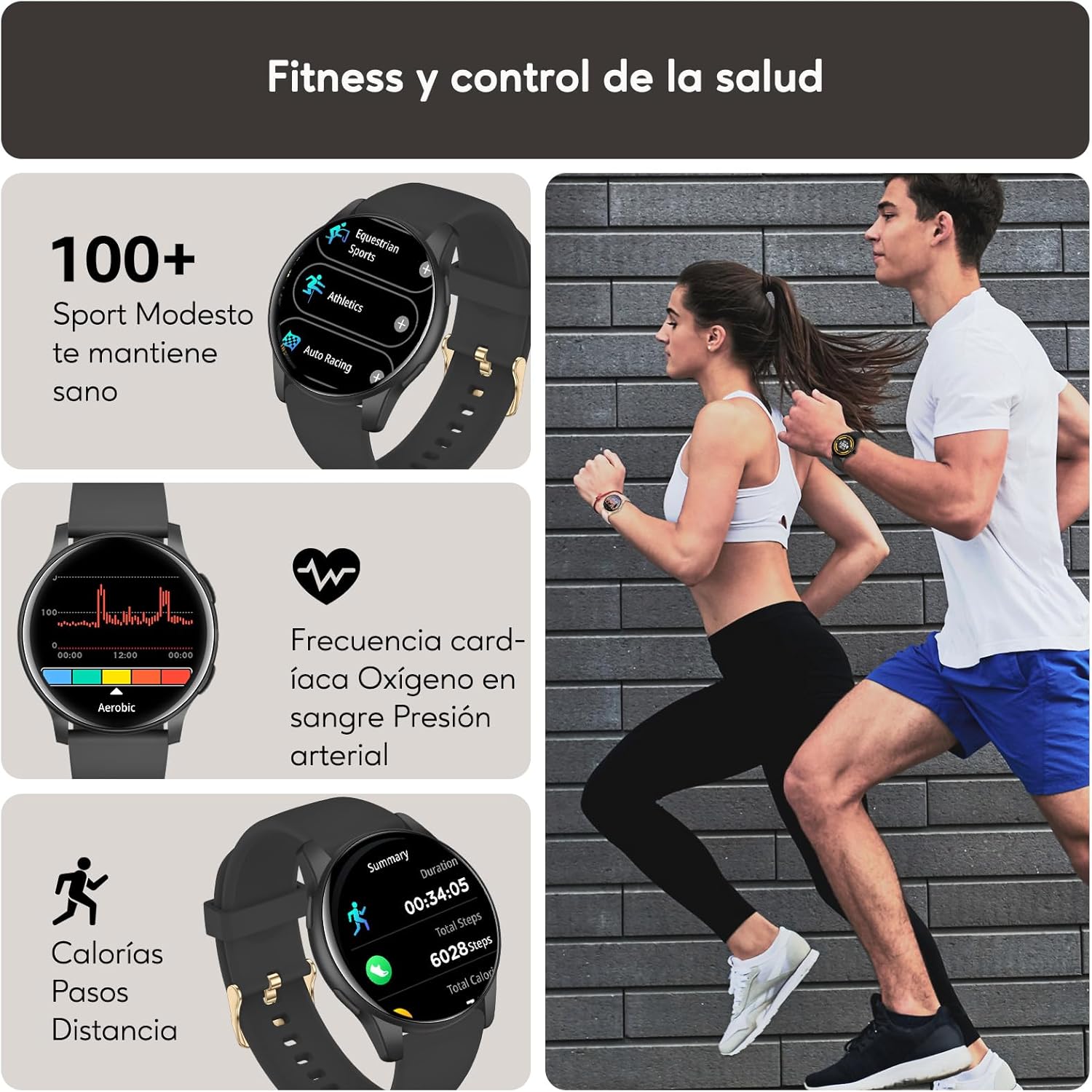 AcclaFit Reloj Inteligente Hombre Mujer con Llamadas Bluetooth, Smartwatch Esfera Redonda 1,38" con 147+ Modos Deportivos, Pulsómetro, Monitor de Sueño, IP68 Impermeable, Compatible con Android iOS - 3
