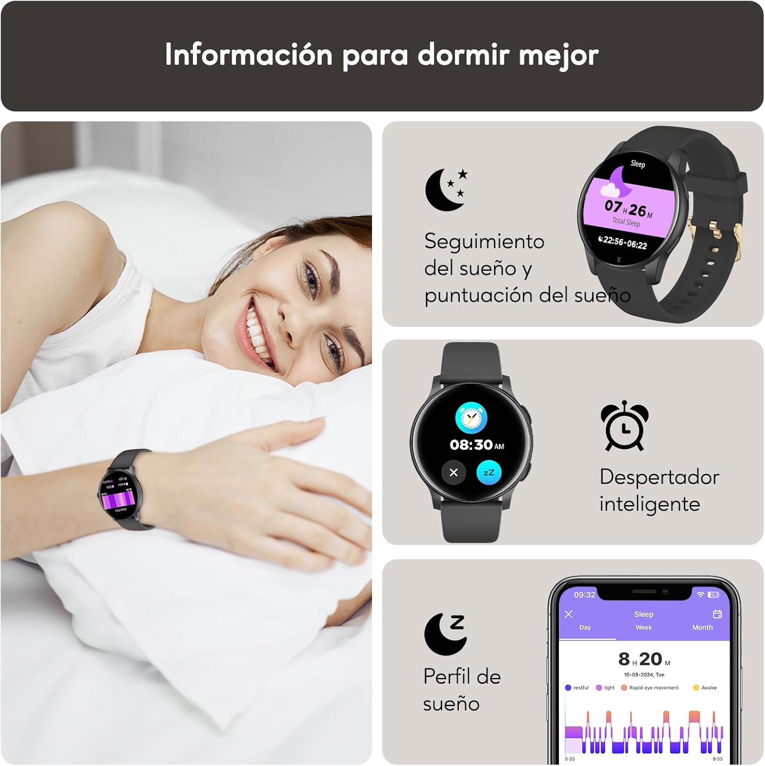 AcclaFit Reloj Inteligente Hombre Mujer con Llamadas Bluetooth, Smartwatch Esfera Redonda 1,38" con 147+ Modos Deportivos, Pulsómetro, Monitor de Sueño, IP68 Impermeable, Compatible con Android iOS - 4
